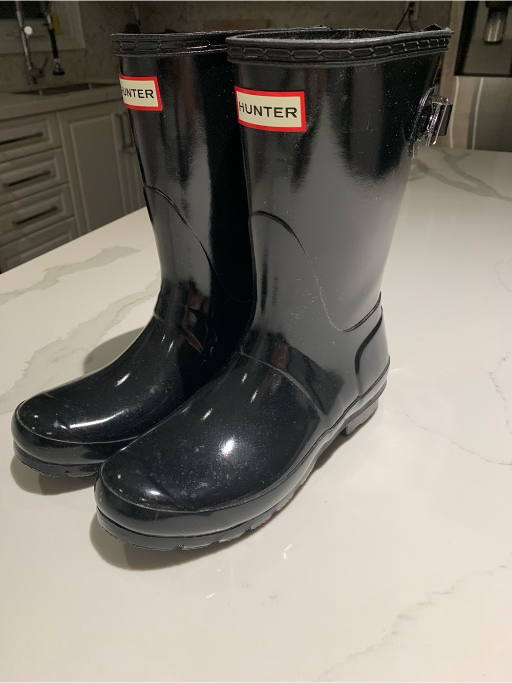 Hunter Gloss Black Rain Boots with Red Logo Trim